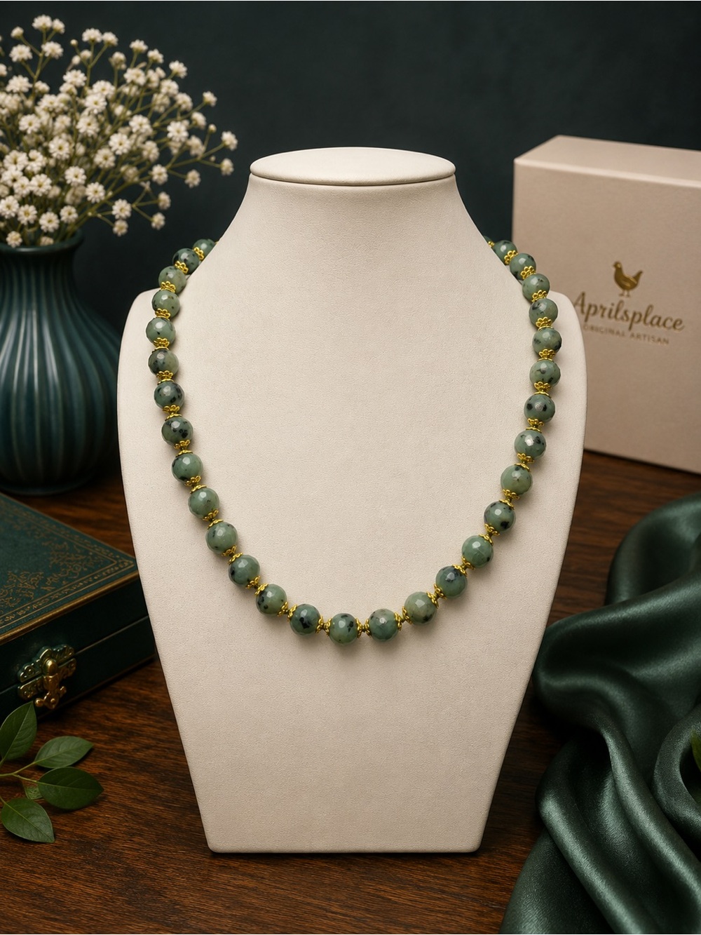 Kiwi Jasper Necklace 10mm Faceted Gold Accents  20 inch hand knotted Aprilsplace